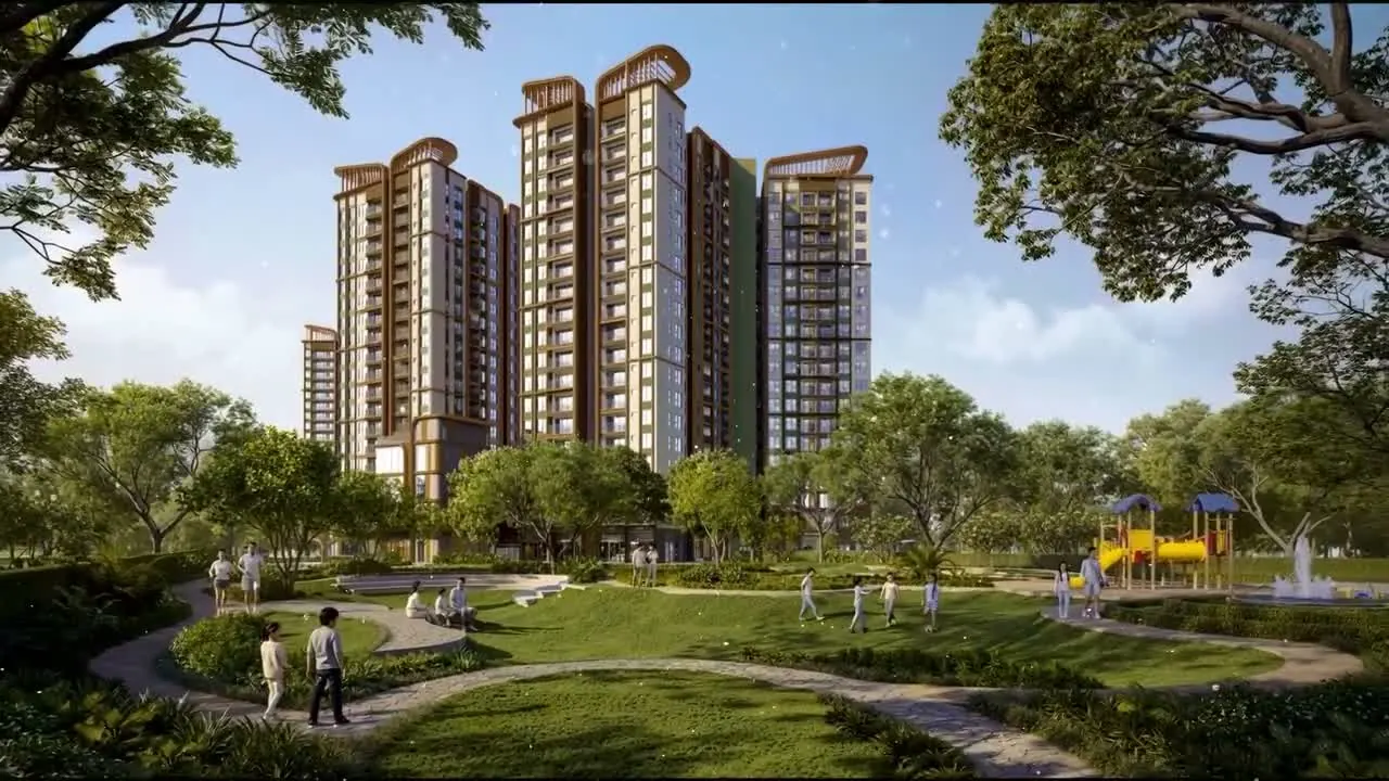 Gia đình dạo chơi trong công viên có sân chơi trẻ em