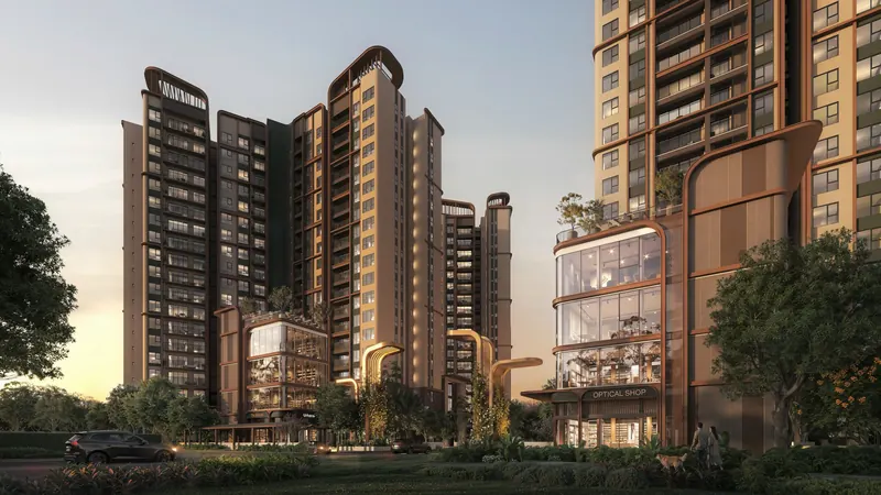 Khối đế thương mại lúc chiều tối