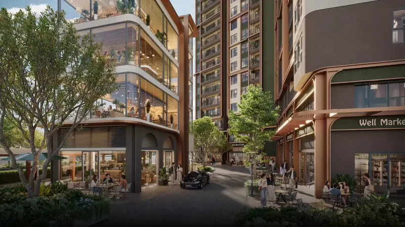Phố thương mại nội khu Norton Park với cà phê và cửa hàng ở khối đế