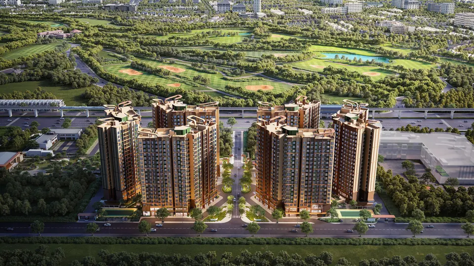 Phối cảnh Norton Park bên Đại lộ Bình Dương, tức Quốc lộ 13, nhìn từ trên cao